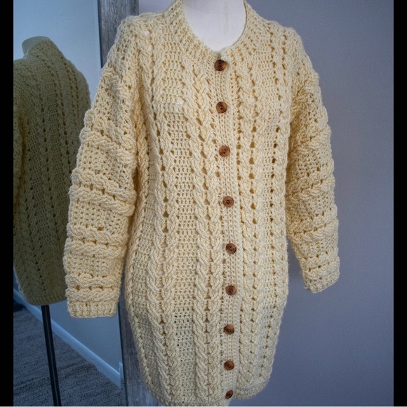 Chunky Buttery Yellow Hand Knit Cardigan, Medium - Picture 3 of 10